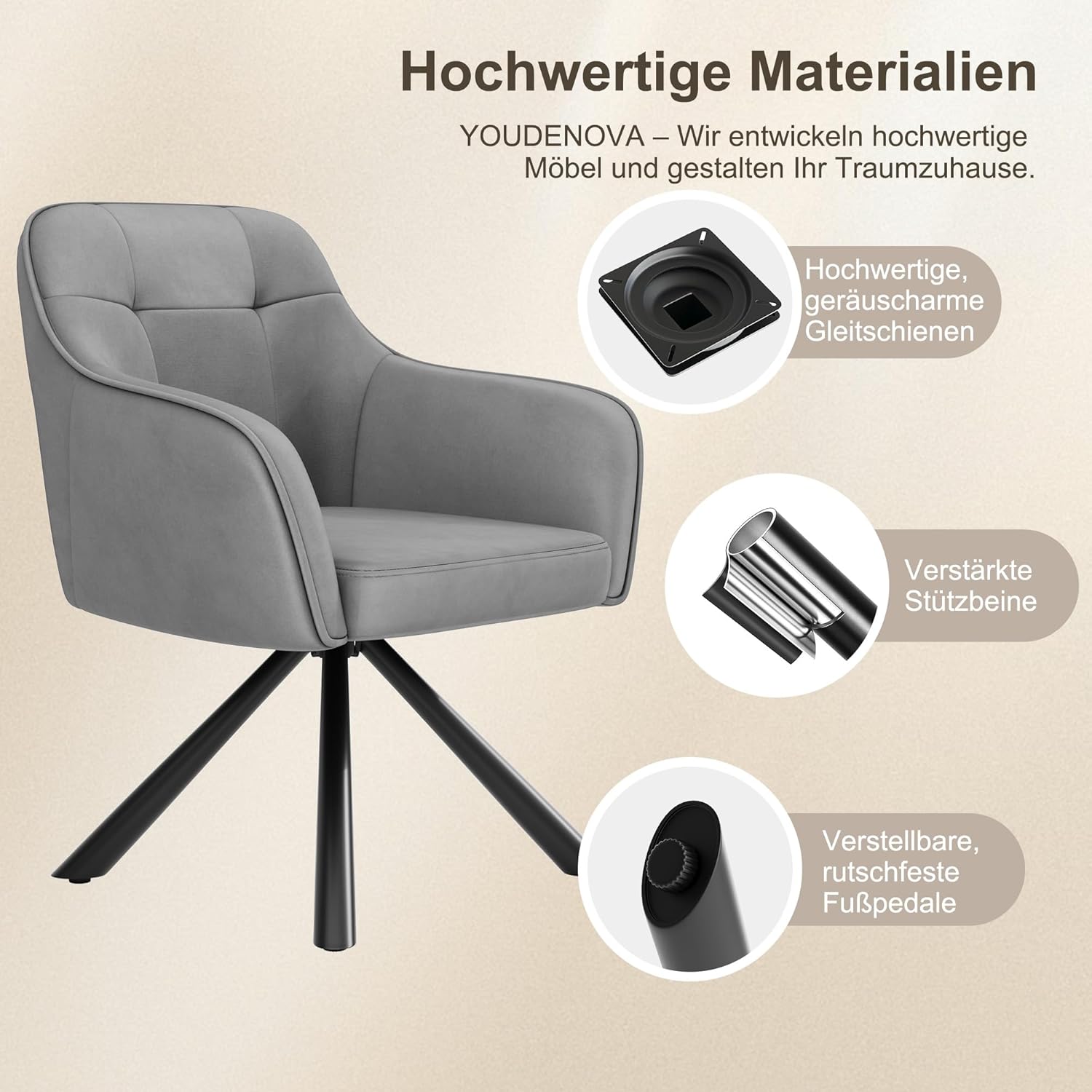 YOUDENOVA Esszimmerstühle 2er Set, 360° Drehbar mit Armlehnen, Samt Polsterstuhl für Esszimmer, Küche, Wohnzimmer & Büro, Stühle Esszimmer Grau