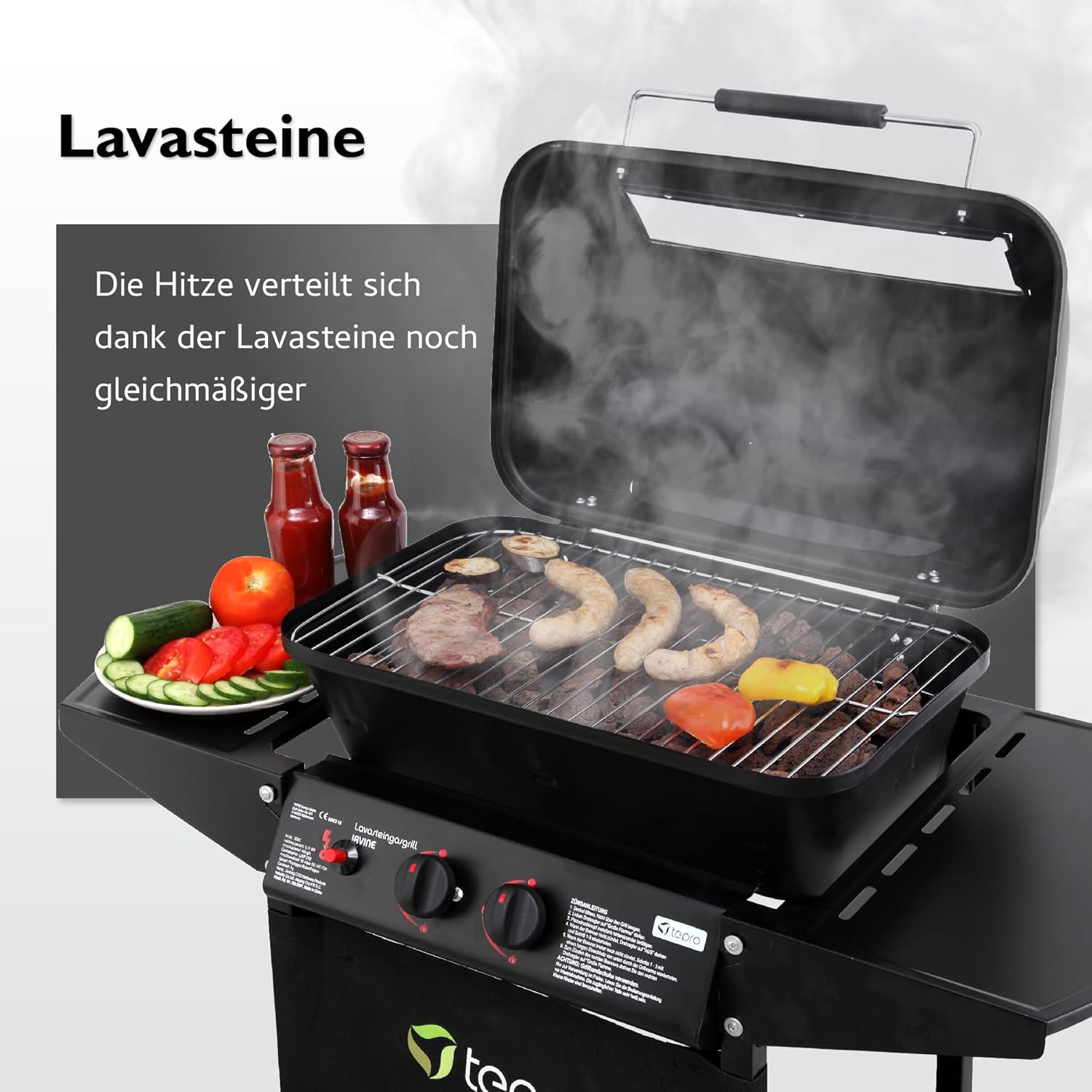 tepro Lavastein Gasgrill Irvine mit max. 5,4 kW Leistung, Edelstahl-Doppelbrenner, inklusive Lavasteine, Piezozündung im Drehregler, Grillwagen mit Rädern, Maße ca. 94 x 51 x 102 cm, Schwarz