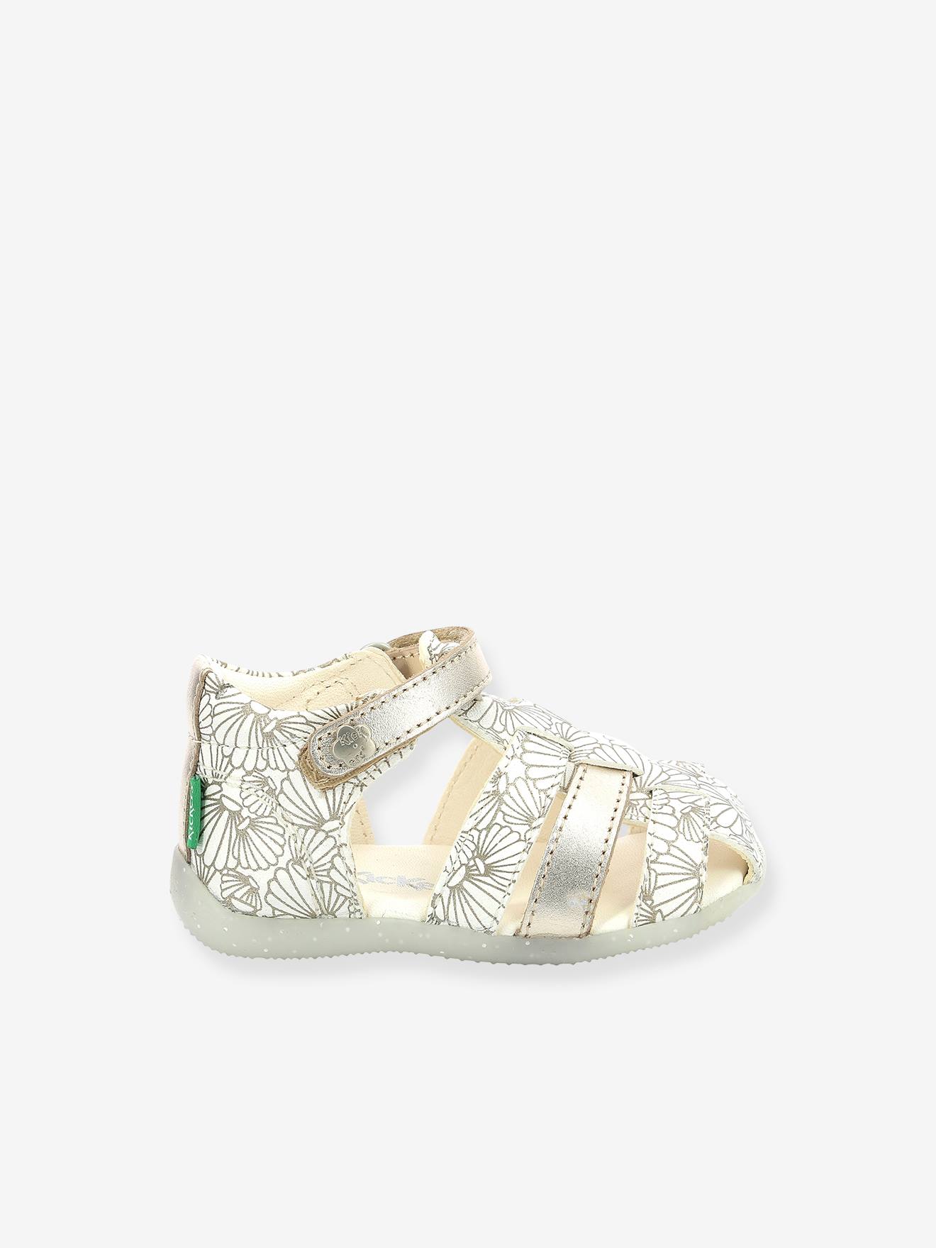 Sandálias de couro infantil KICKERS® Bigflo-2 Iconique Biboo, branco claro com estampa.