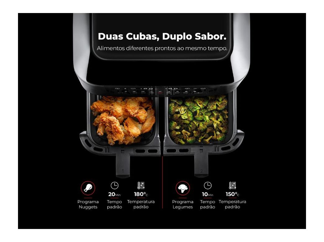 FRITADEIRA SEM ÓLEO AIR FRYER FLAMA 698FL PRETA 2 CUBAS 8L