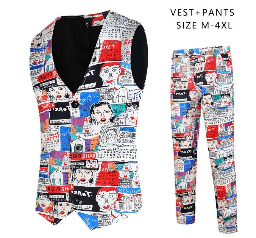 Sheck - Cartoon Print Single-Button Blazer / Vest / Rechte Broek / Set