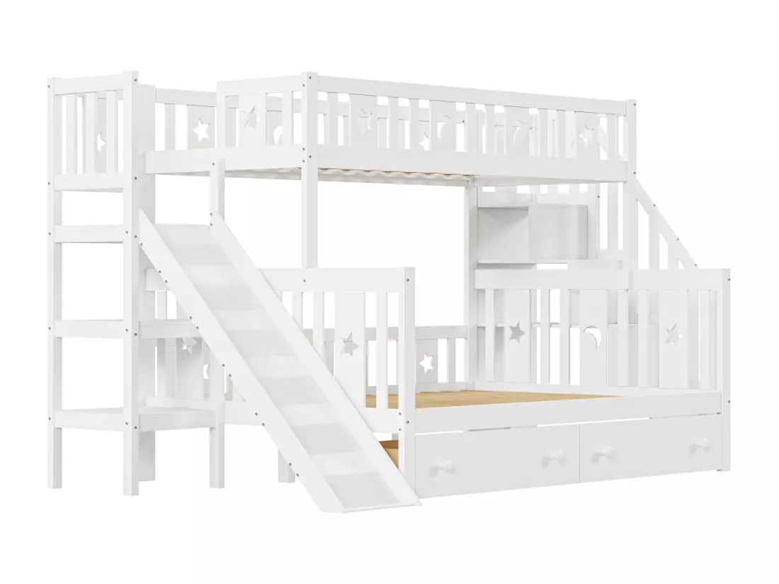 Lit superposé 90x200 + 140x200 cm - en bois massif - avec toboggan，étagère et 2 grands tiroirs - Blanc