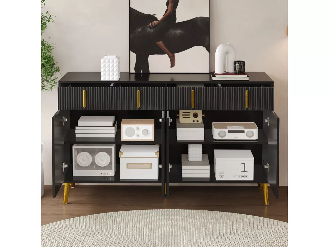 Buffet noir 4 portes 4 tiroirs avec poignées et pieds dorés 140*37,8*82cm CHADDANS