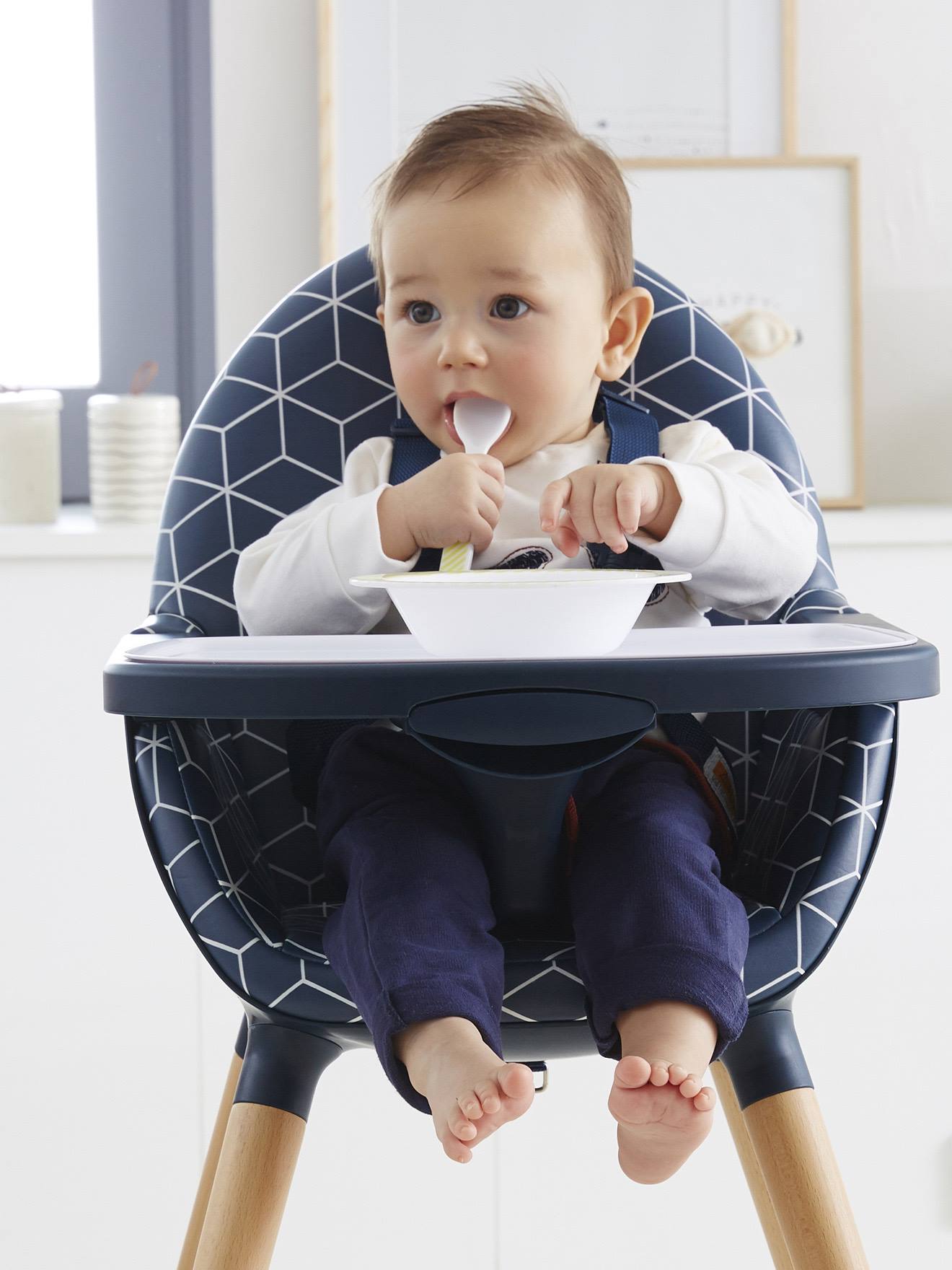 Cadeira alta conversível TopSeat com 2 ajustes de altura, estampa azul escura