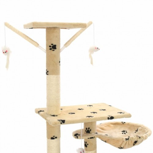 Arranhador bege para gatos com pegadas de patas.