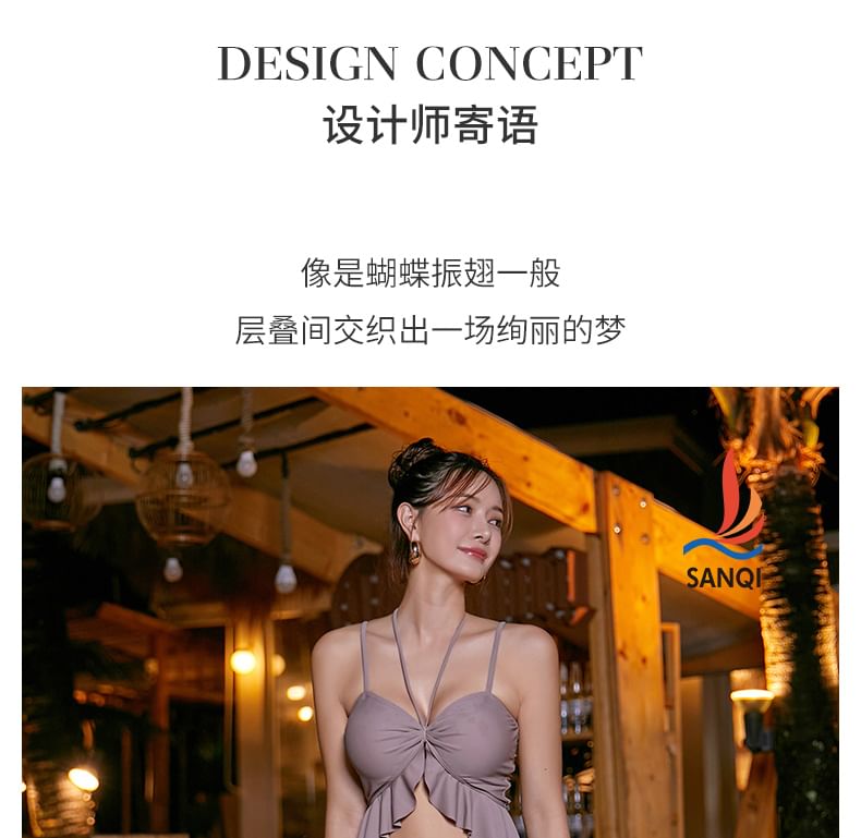 SANQI - Halter-hals tweekleurige geplooide bikiniset