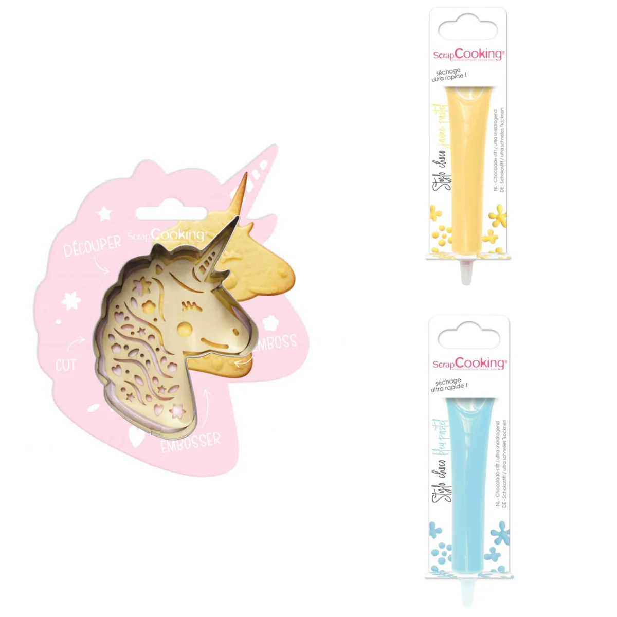 Kit pour biscuit en relief Licorne + 2 Stylos au chocolat jaune pastel