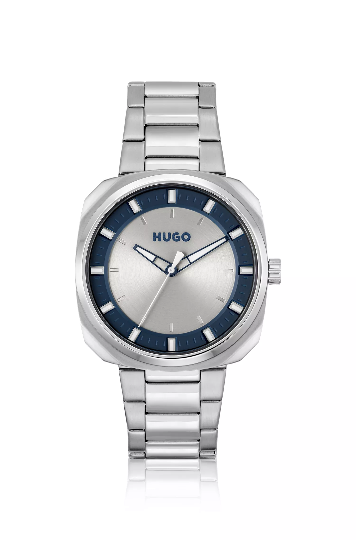 Relógio HUGO com pulseira de elos vermelhos e mostrador bicolor.