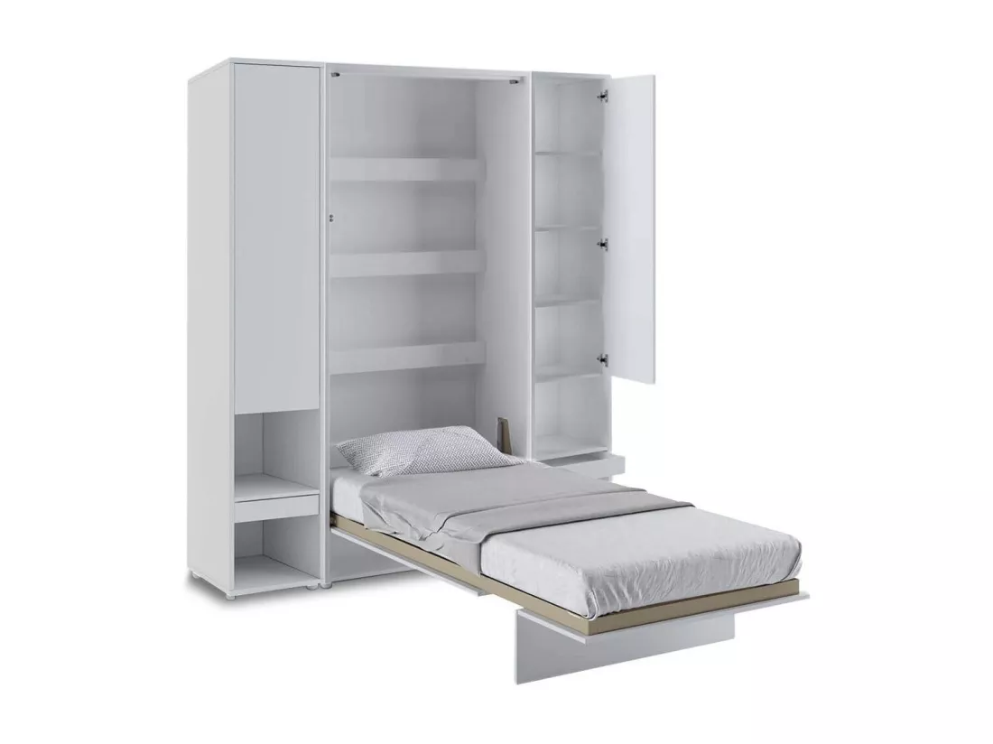 Lit escamotable vertical gris mat avec 2 armoires de rangement Noby-140x200