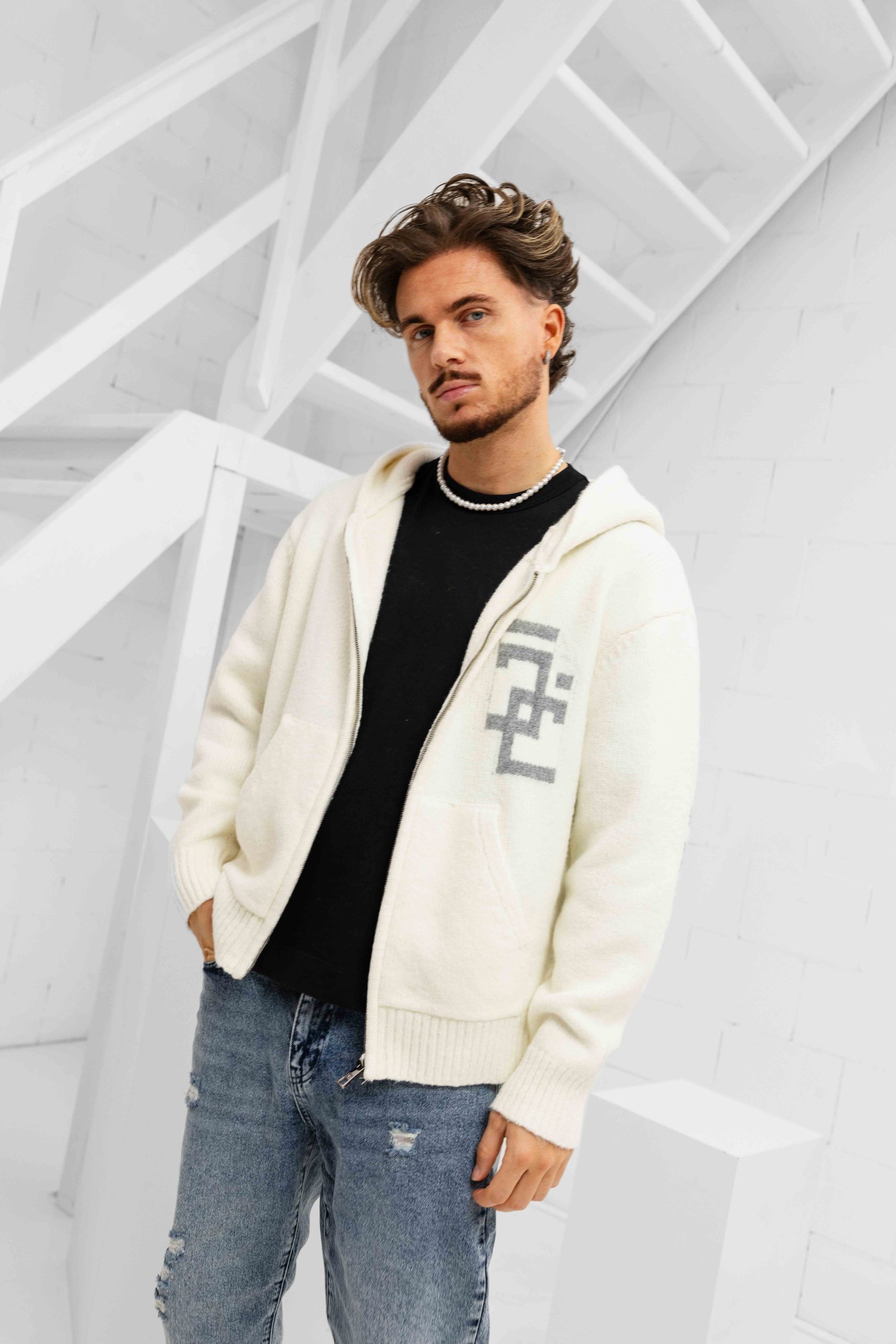 Jorcustom Splittedicon Knit Zipped Hoodie Heren Gebroken Wit