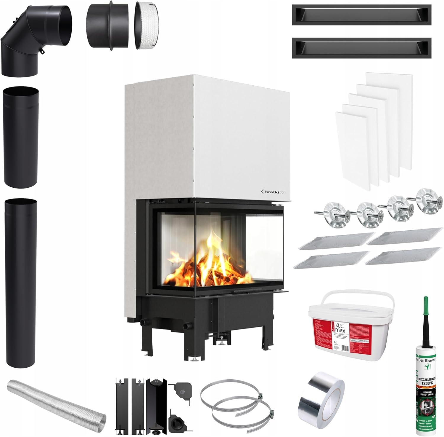 KRATKI Kamin aus Stahl 8 kw REGNOR fi 200 Schwarz Kamineinsatz BImSchV Stufe 2 mit Domykanie Zubehör für den Einbau