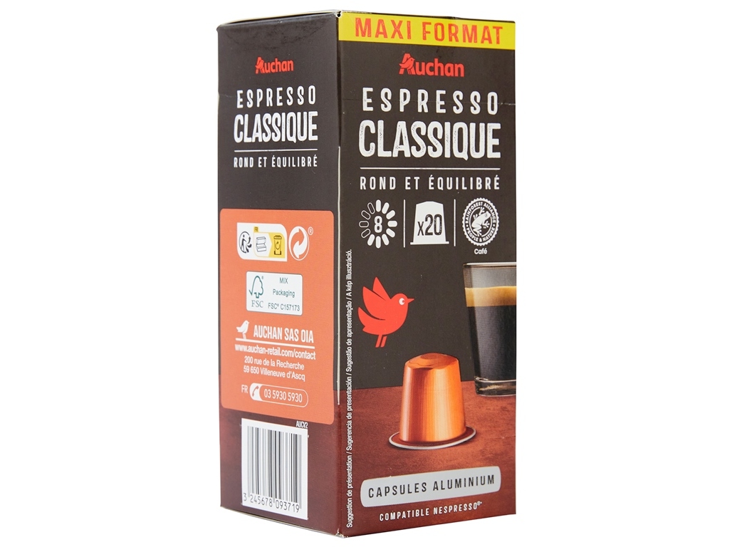 CÁPSULAS DE CAFÉ AUCHAN COMPATÍVEIS COM MÁQUINAS NESPRESSO EXPRESSO CLASSIQUE 20 UN