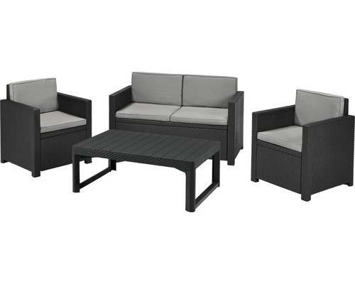 Keter Victoria loungeset, polyrattan look, 4-zits, 4-delig, grijs, inclusief kussens