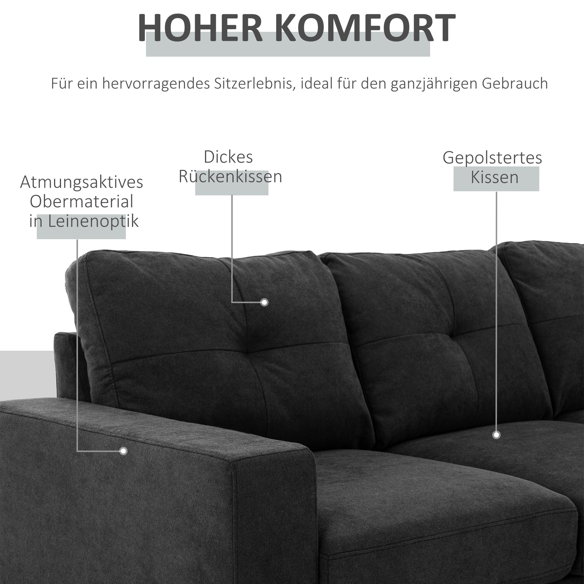 HOMCOM Ecksofa mit abnehmbarem Bezug schwarz 193L x 136B x 85H cm
