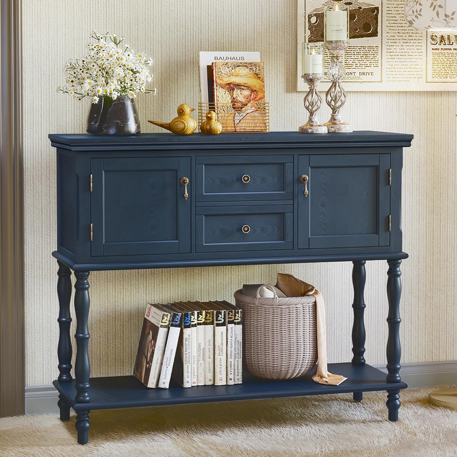 Konsolentisch mit Schubladen und Stauschrank, Holz Blau Konsolentisch Schmal mit Schublade Konsolentische fürs Wohnzimmer, Eingang, Hausflur, Schlafzimmer