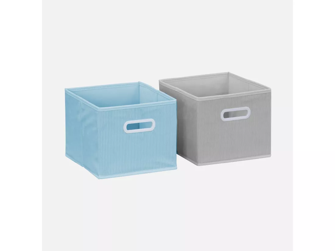 Meuble de rangement pour enfant avec 7 compartiments et 2 paniers bleus et 2 paniers gris en velours