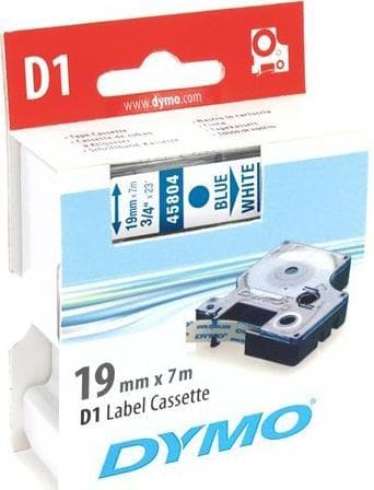 DYMO D1, markeringstape, 19mm, blå text på hvid tape, 7m