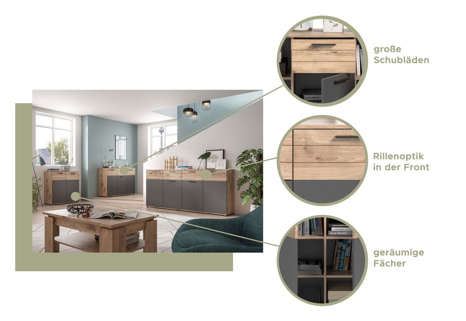 Lowboard MASON 194 x 53 cm braun/ grau