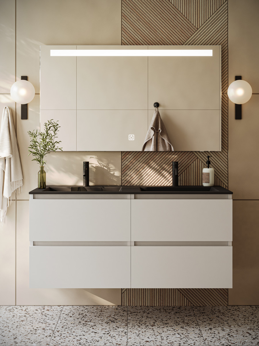 Fontana Rovigo badmeubel 120cm wit mat met zwarte wastafel met kraangaten en spiegel met verlichting
