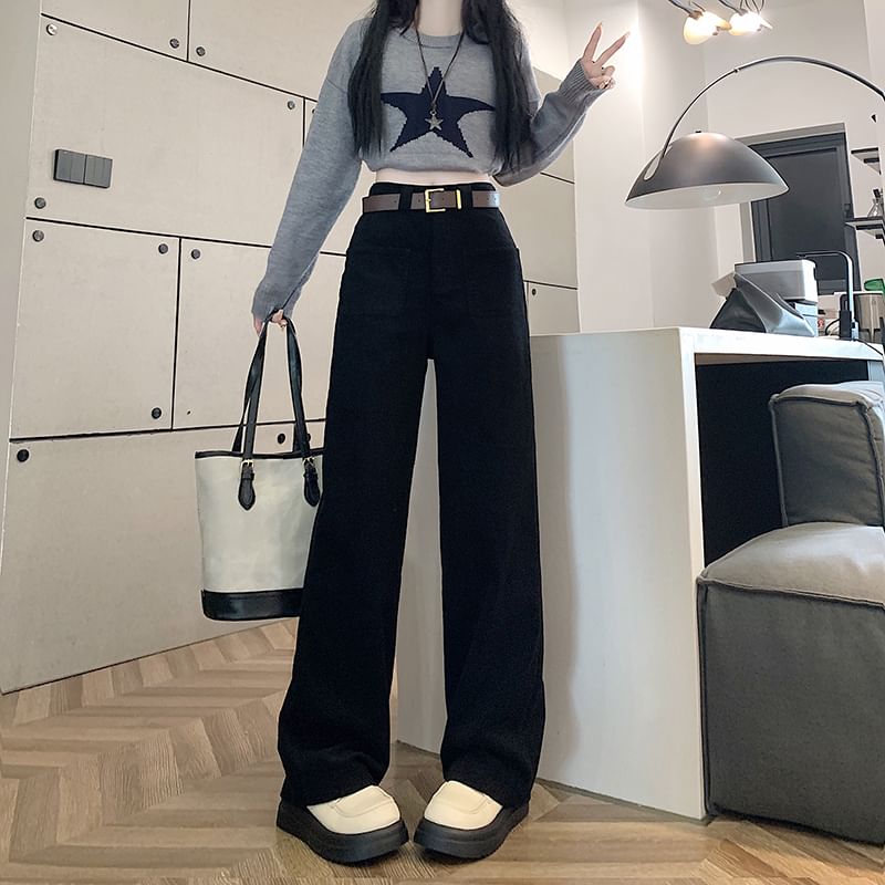 Dragan Pulse - High Rise Plain Corduroy Wide Leg Broek / Riem / Set