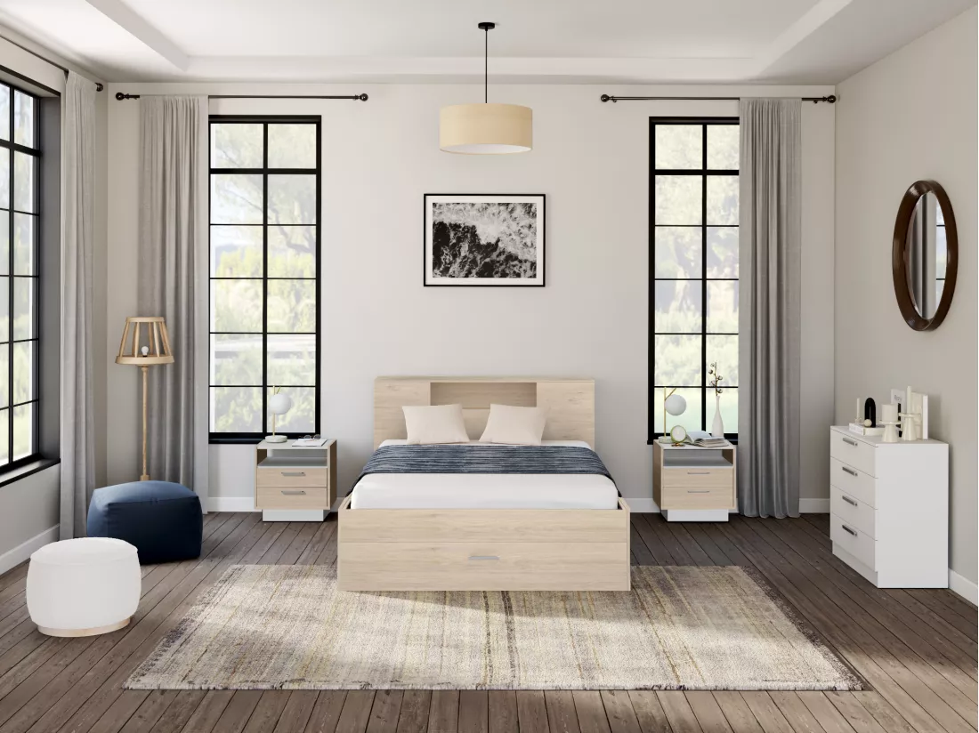 Lit avec tête de lit rangements et tiroirs - 140 x 190 cm - Coloris : Naturel + Sommier - LEANDRE