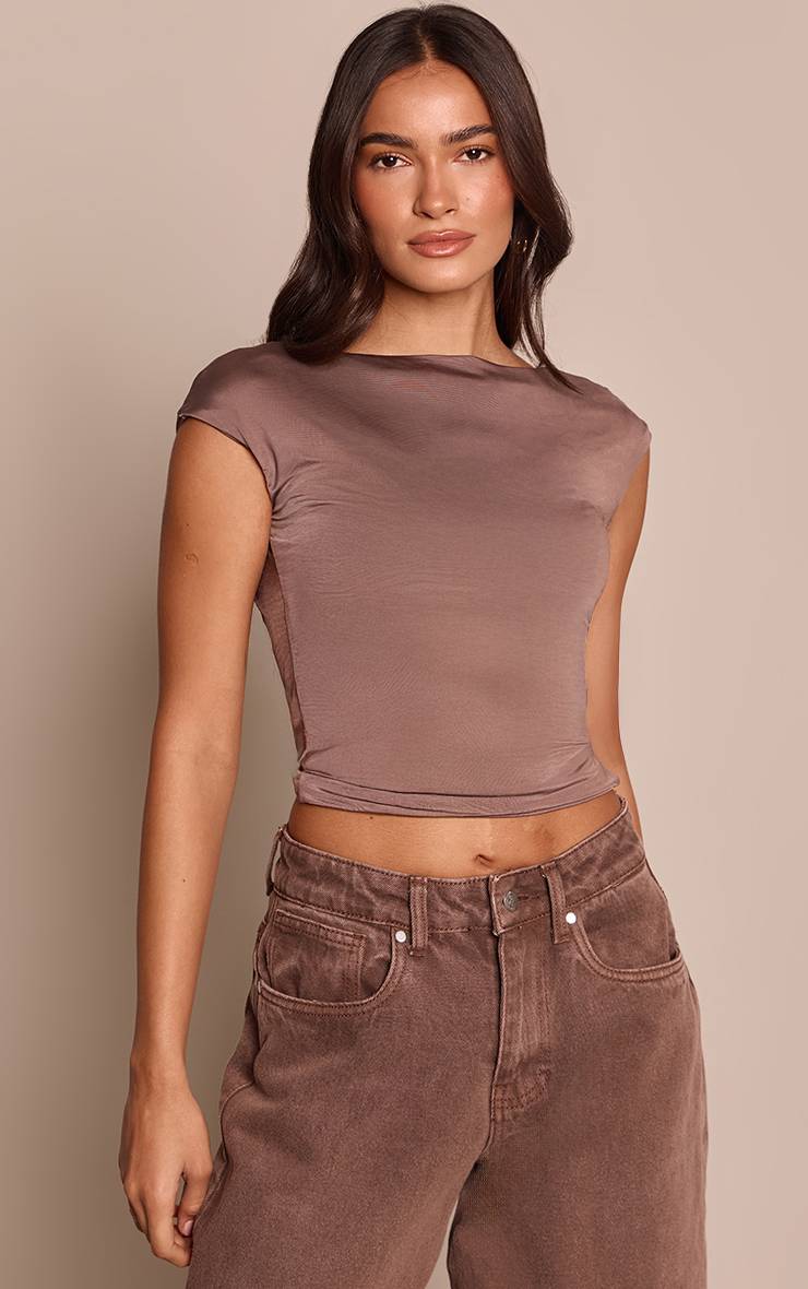 Taupe Haut Sans Manches Asymétrique Drapé Dos Ouvert En Tissu Slinky
