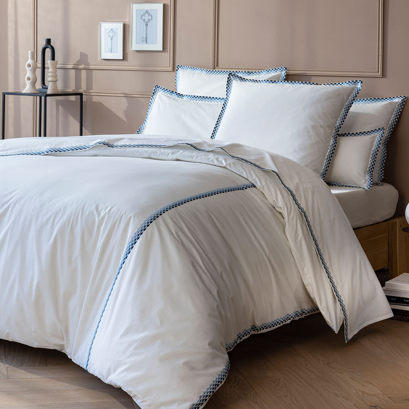 Perle de Coton Parure housse de couette en Percale de Coton Alcott blanc/bleu