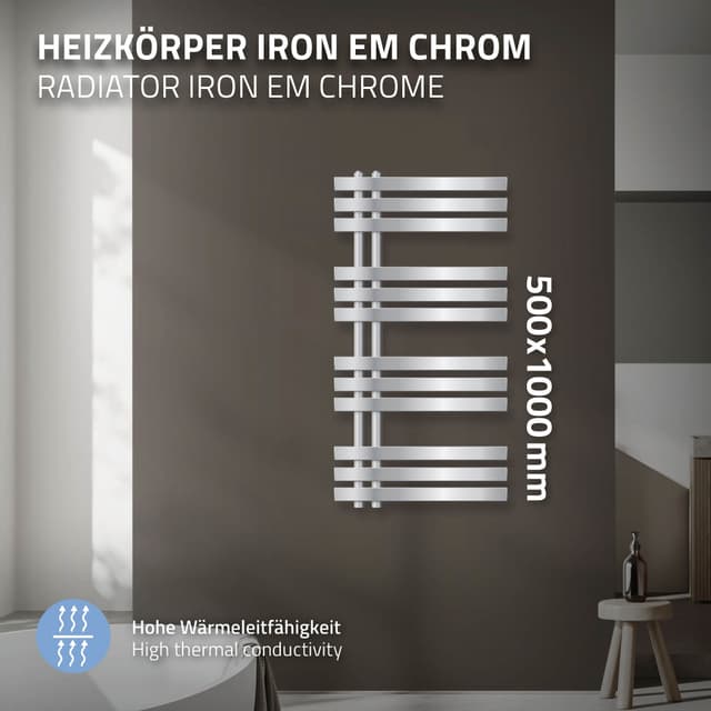 500 x 1000 mm IRON EM DESIGN Radiatortilslutning panelradiatorer 50mm CHROME