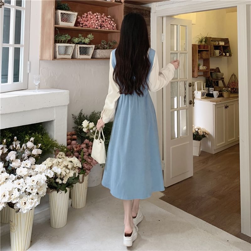 aistera - Mock Two-Piece Long-Sleeve Two Tone Midi A-Line Dress