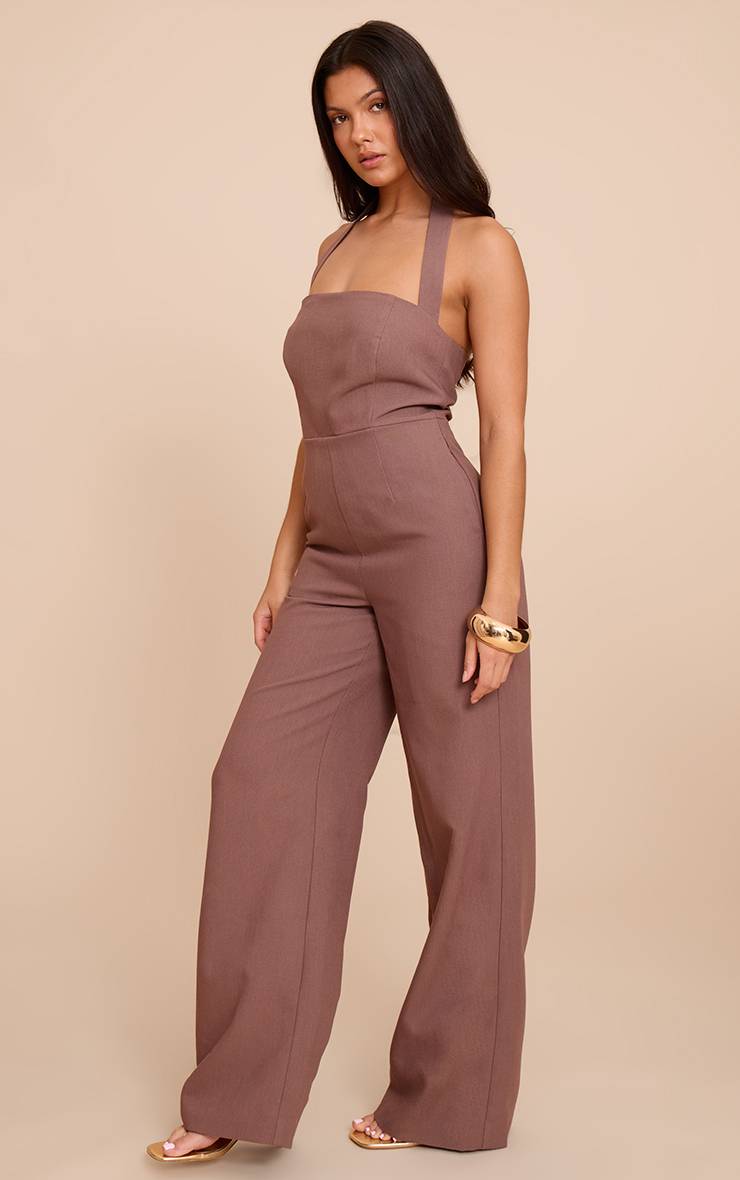 Chocolat Combinaison-pantalon Premium Tissée À Encolure Dos-nu Et Jambes Larges