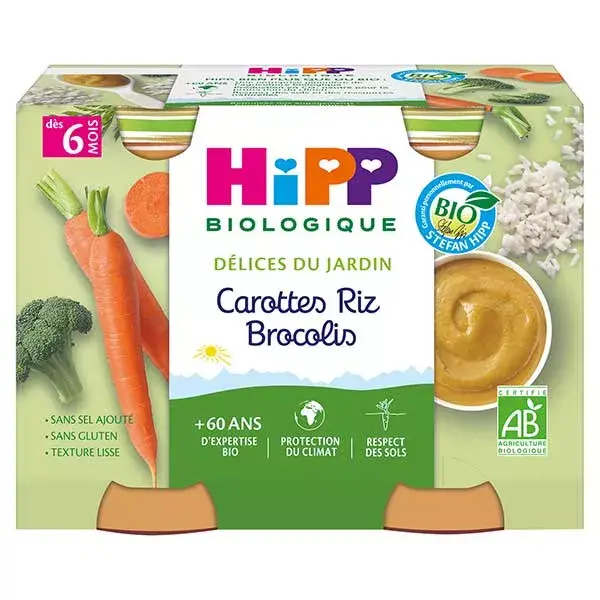 Delícias Orgânicas do Jardim Hipp: Cenouras, Arroz e Brócolis em Vaso (+6 meses, 2 x 190g)