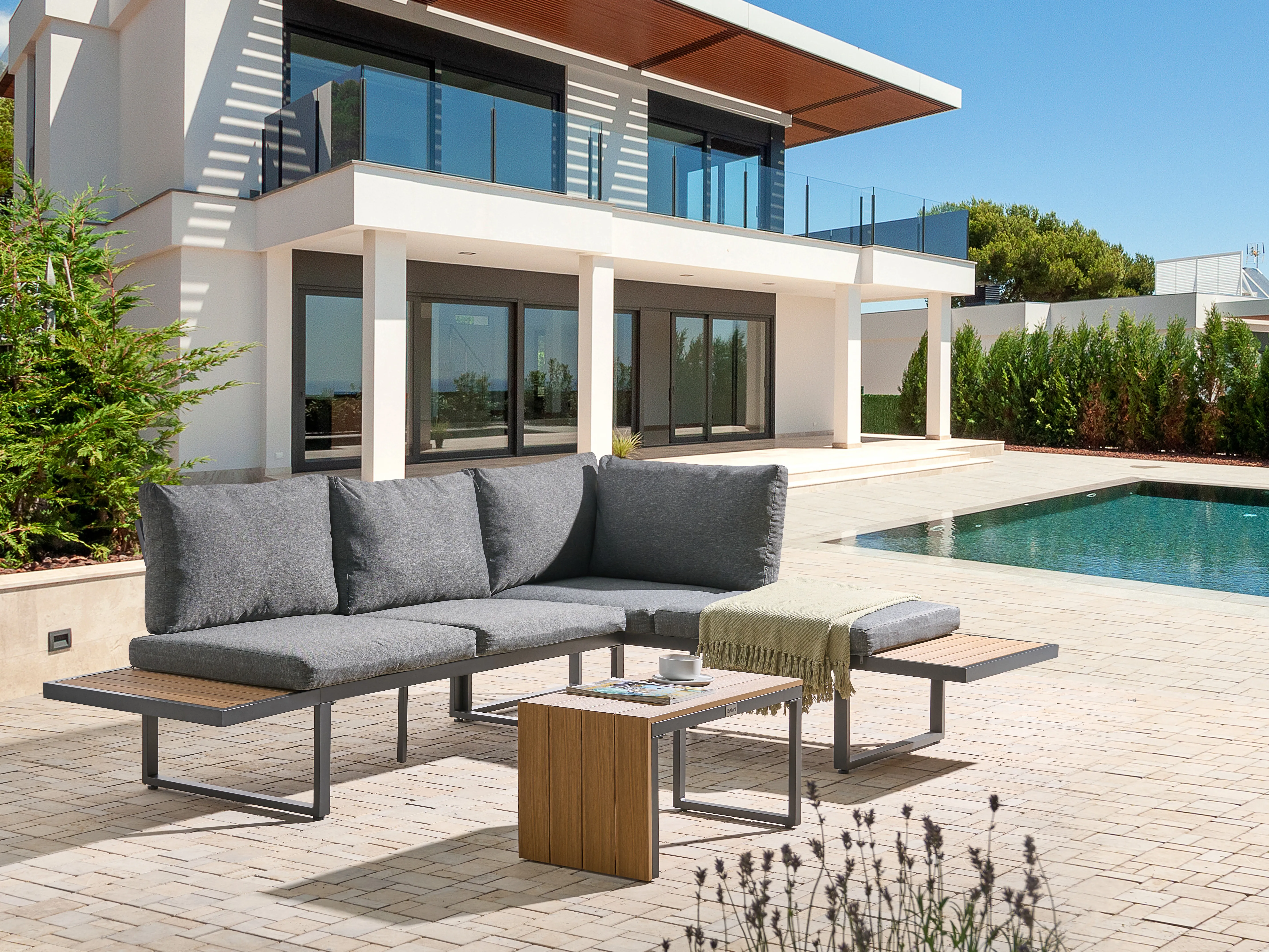 Tuin hoekloungeset met tafel 4-zits PIENZA rechtszijdig Lichtbruin/grijs