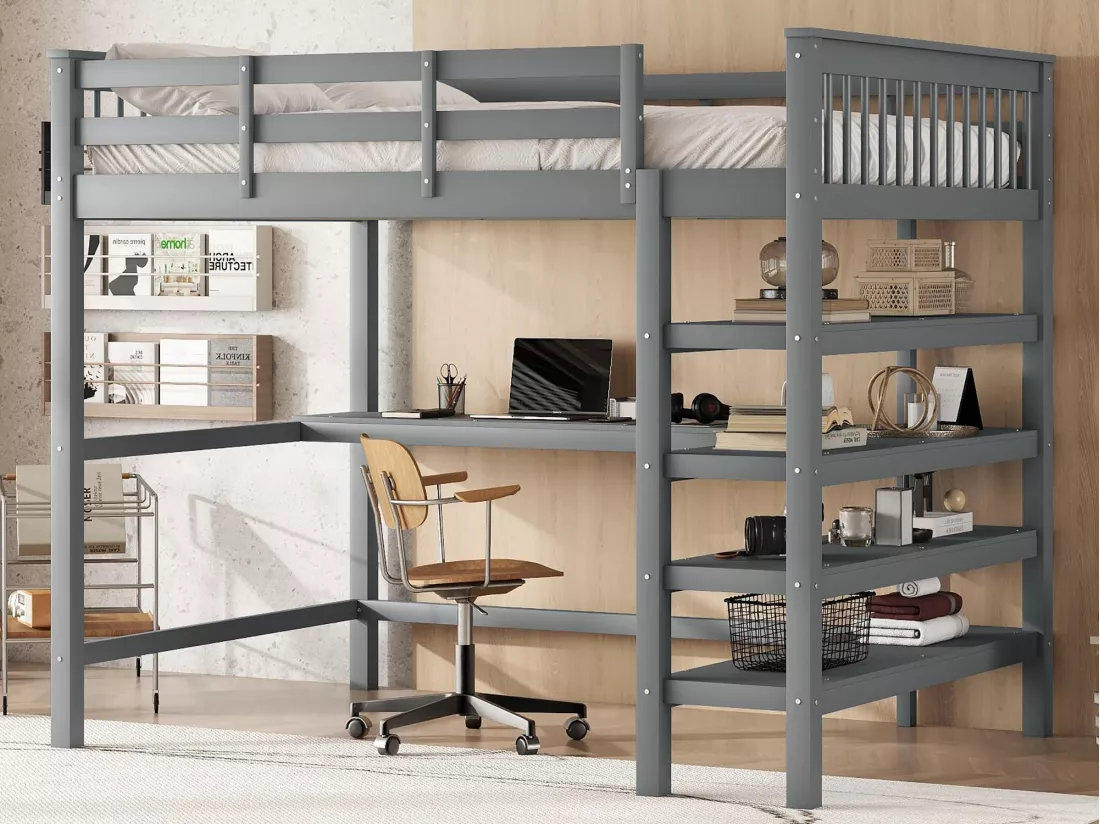 Lit mezzanine 140x200cm en bois - avec bureau et étagère de rangement - Gris