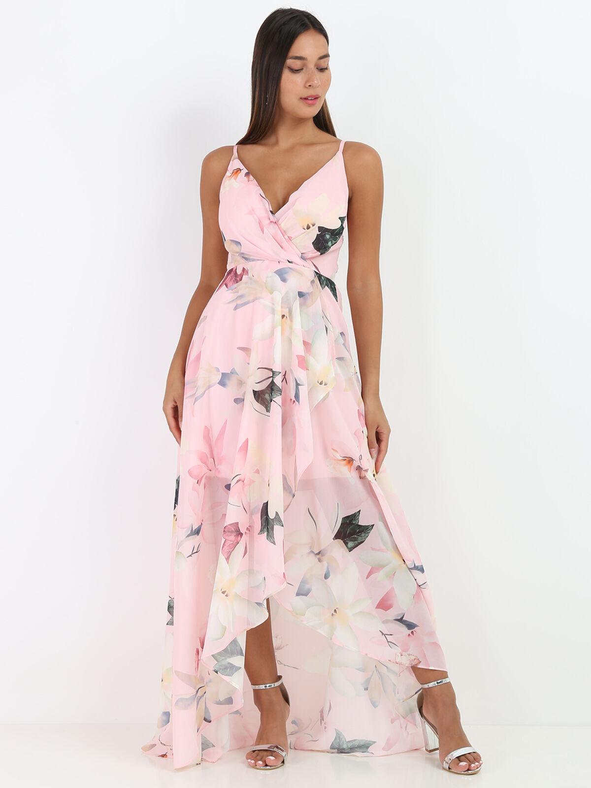 Robe longue fendue asymétrique à fleurs- Rose