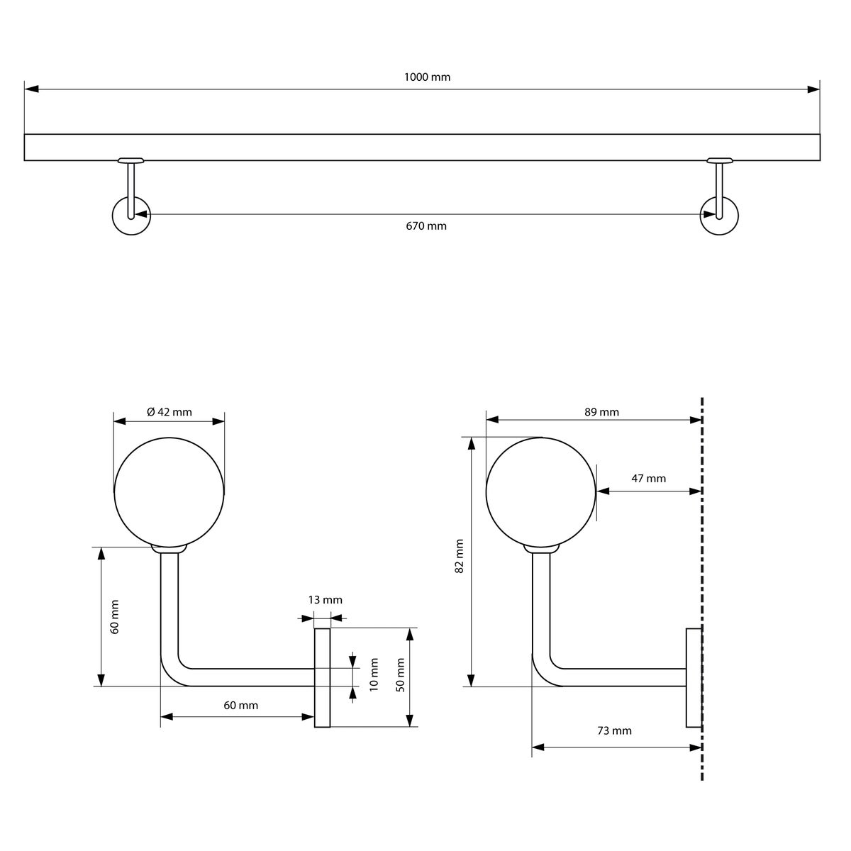 ECD Germany RVS V2A leuning 100cm, rond Ø42mm, roestvrij, geborsteld, binnen/buiten, incl. muurbeugel, RVS leuning, wandleuning, trapleuning, leuning, trap, muurbeugel, steunbeugel