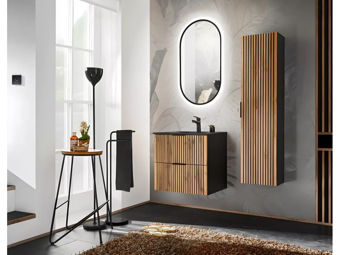 Meuble sous lavabo de salle de bain - Gris roche et chêne Wotan - L80-H57-P46 - LUXILO