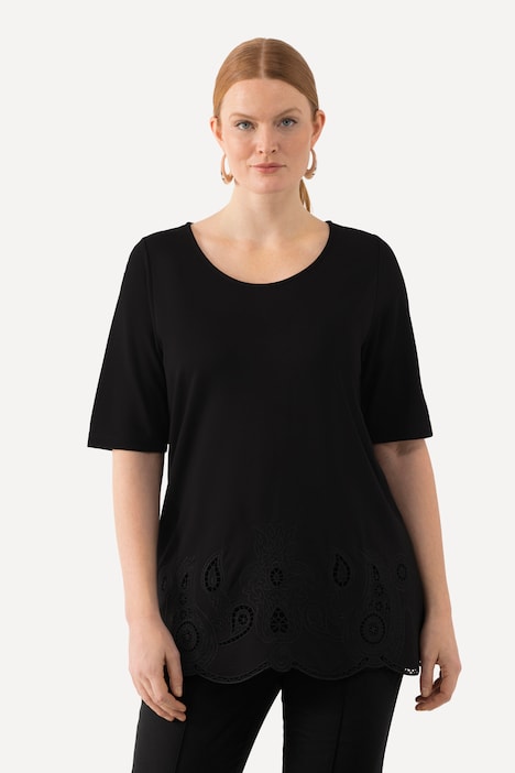 T-Shirt, Stickerei, Wellensaum, Rundhals, Halbarm