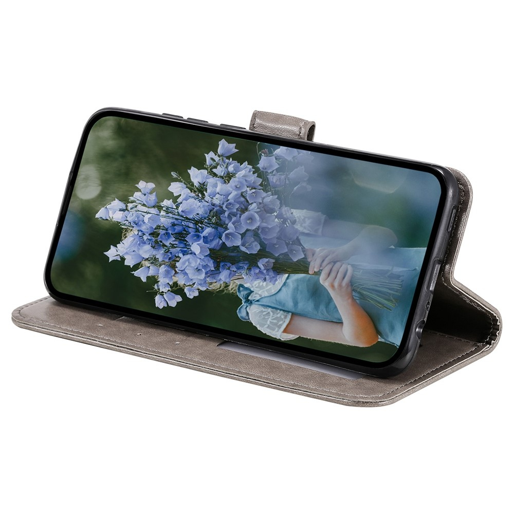 Samsung Galaxy S24 Ultra Leder Tasche Wallet - Mandala Flowers Imprint - Grau