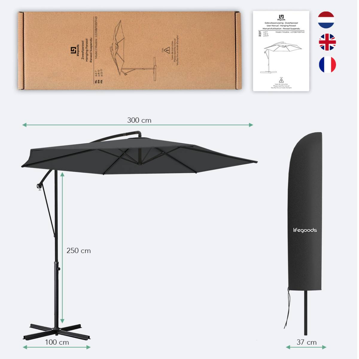 LifeGoods 300 cm zweefparasol met hoes en kruisvoet - Dark Grey