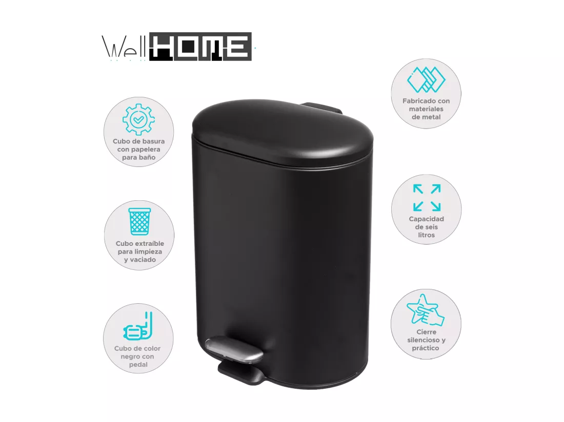 WELL HOME - Seau à pédale inox Siliflex 6 L noir