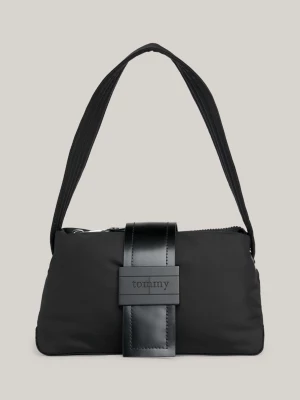 Bolsa de ombro com logotipo serifado em tom sobre tom