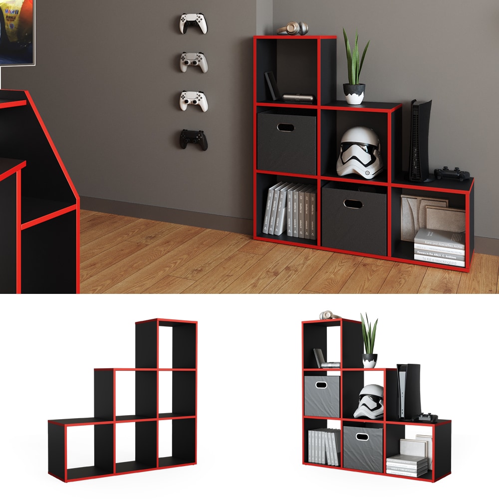 Vicco Treppenregal Raumteiler Stufenregal 6 Fächer Schwarz/Rot Bücherregal