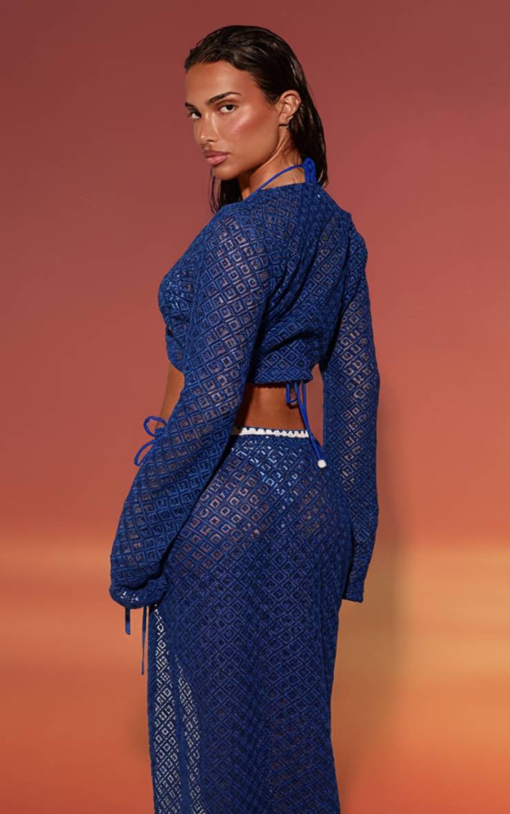 Bleu Cobalt Haut De Plage À Manches Longues En Crochet