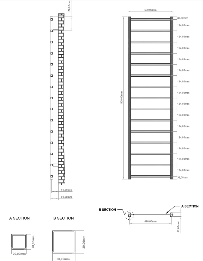 Eastbrook Tuscan Square handdoekradiator 50x180cm 688W zwart mat