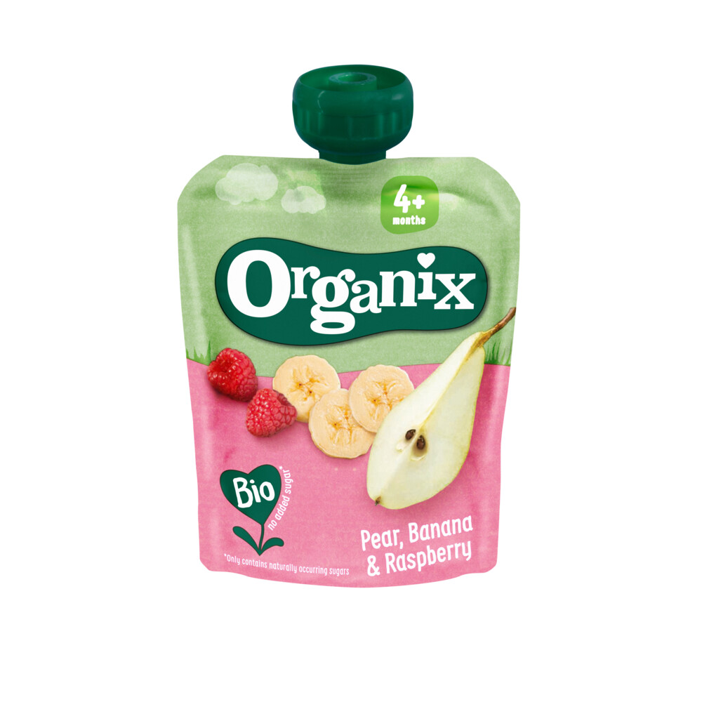 6x Organix Knijpfruit 4+m Peer, Banaan & Framboos90 gr