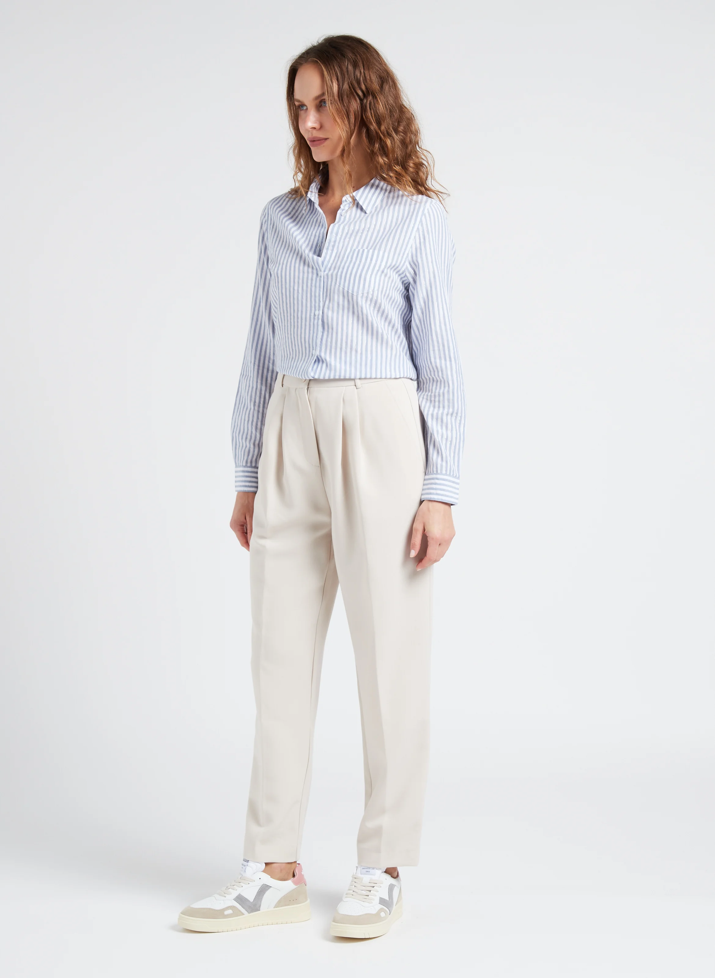 CATHIA - Chemise col classique rayée en coton mélangé| Bleu