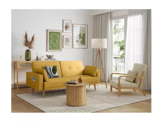 Canapé droit scandinave Elga convertible 3 places en tissu - Jaune - L205 x 87 x 85cm - Loungitude