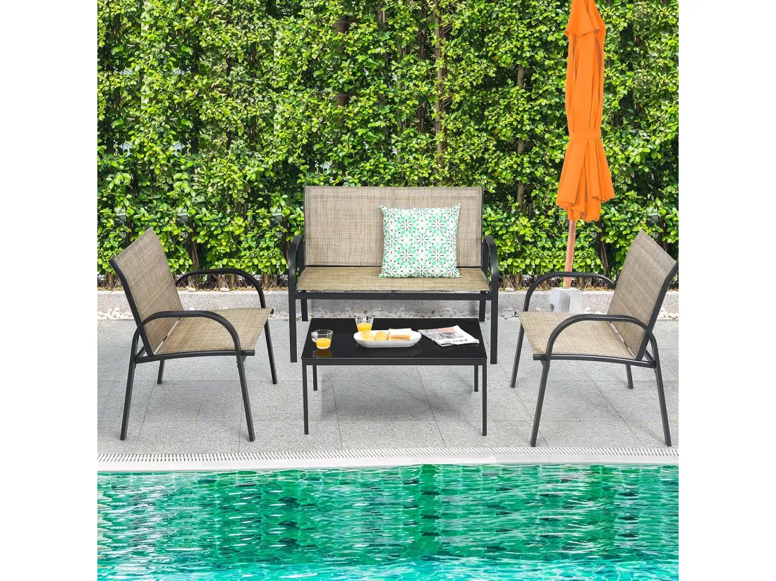 Ensemble Salon de Jardin 4 Pièces en Métal, Ensemble de Meubles de Patio 1 Causeuse 2 Chaises 1 Table Basse en Verre, pour Jardin Terrasse Piscine (Marron)