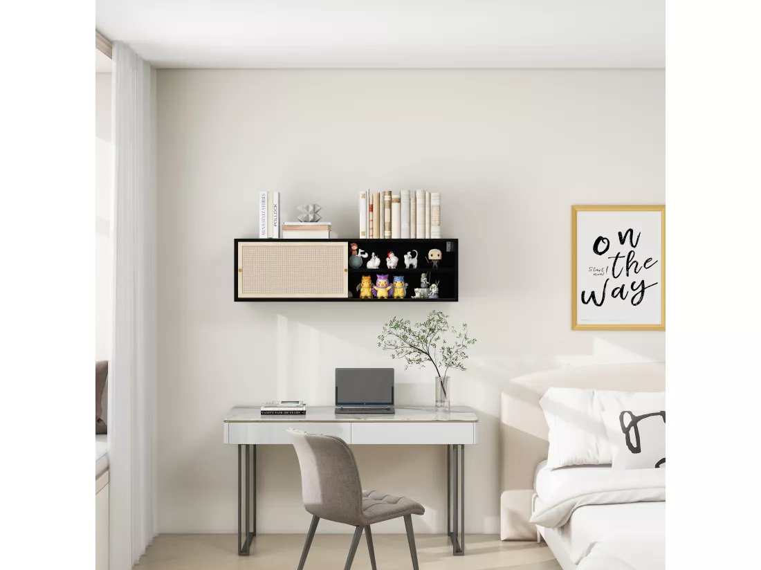 Armoire murale noire avec portes coulissantes à gauche et à droite, en rotin tressé, 110 cm de long, idéale pour chambre, bureau, salon