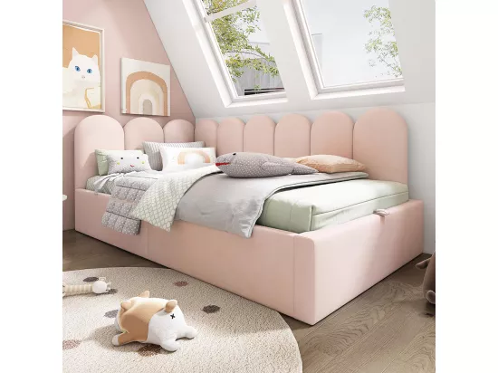 LIT GIGOGNE 90x190 cm,Lit de jour Canapé-lit avec rangement hydraulique, Lit d'enfant Velours, Rose, sans matelas